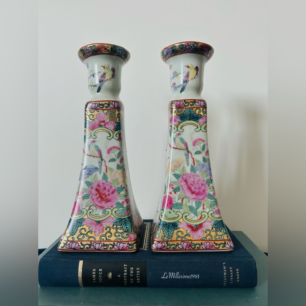 🛑SOLD🛑 Rose Medallion Porcelain Candleholders 
Set of 2  | Chinoiserie |